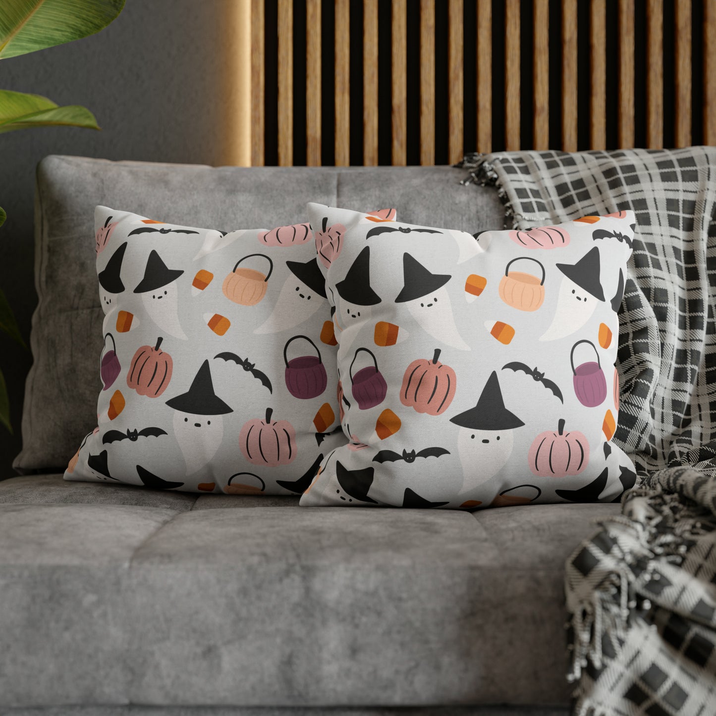 Whimsical Pillowcase, Halloween Ghost Bats Witch Hat Pumpkin Gray Pillow 16" × 16"   - HolidayShoppingFinds