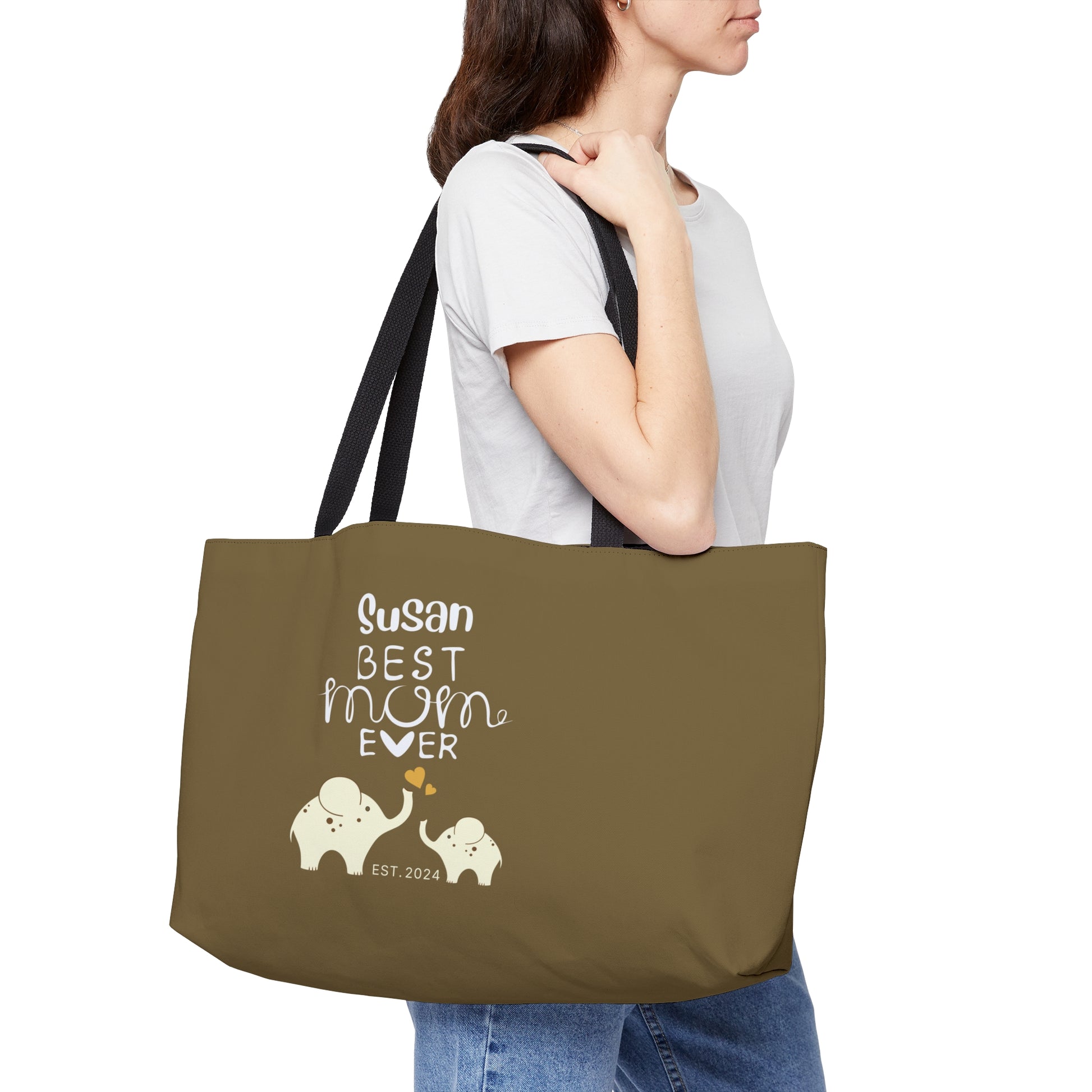 Personalized Best Mom Ever Weekender Bag for Mom, Khaki Baby Elephants Tote Bag    - HolidayShoppingFinds