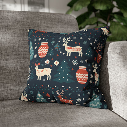 Holiday Pillowcase, Winter Accent Pillow Case with Reindeers, Christmas Trees, Snowflakes, Holiday Gift 16" × 16"   - HolidayShoppingFinds