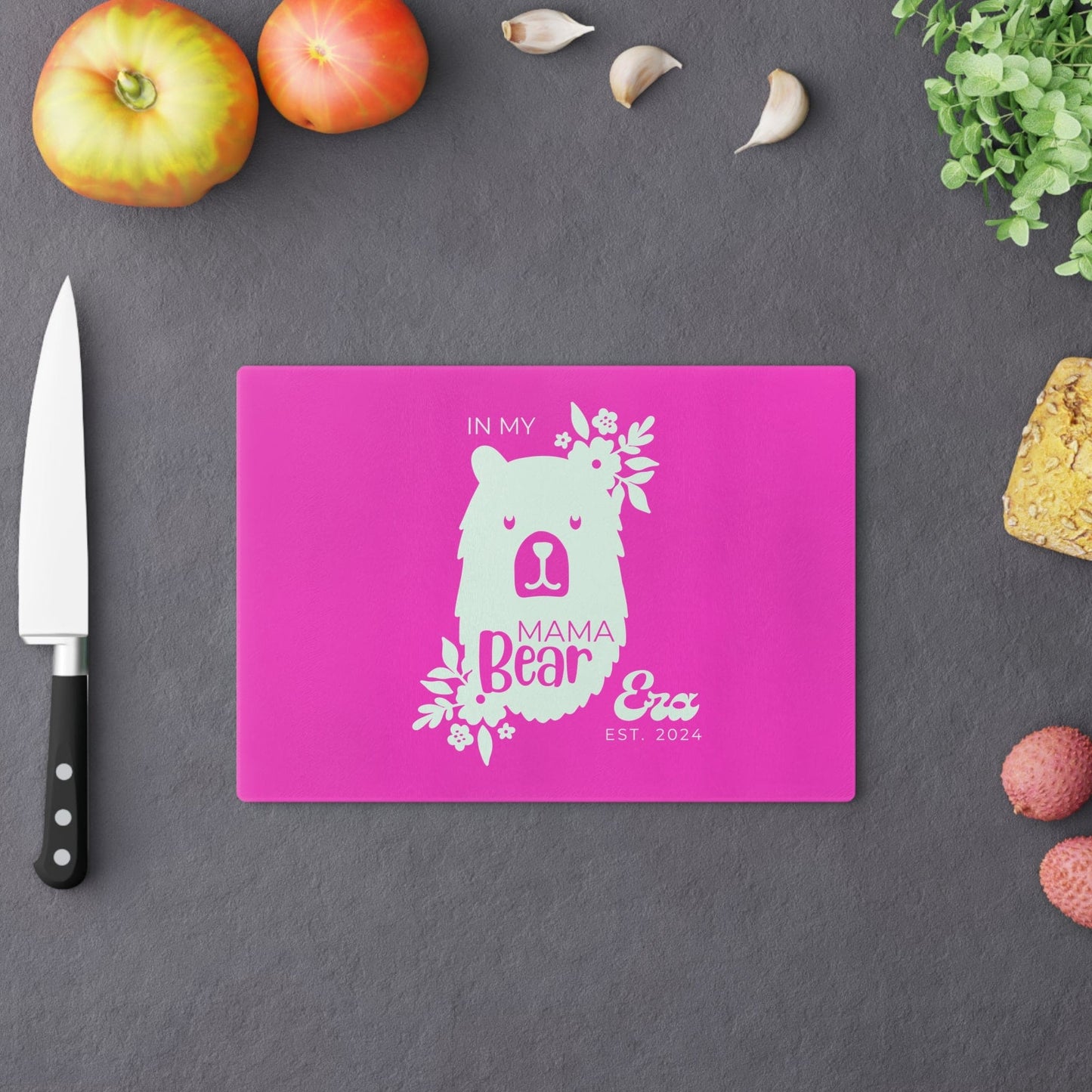 Custom Mama Bear Glass Cutting Board Pink, Kitchen Gift for Mom    - HolidayShoppingFinds