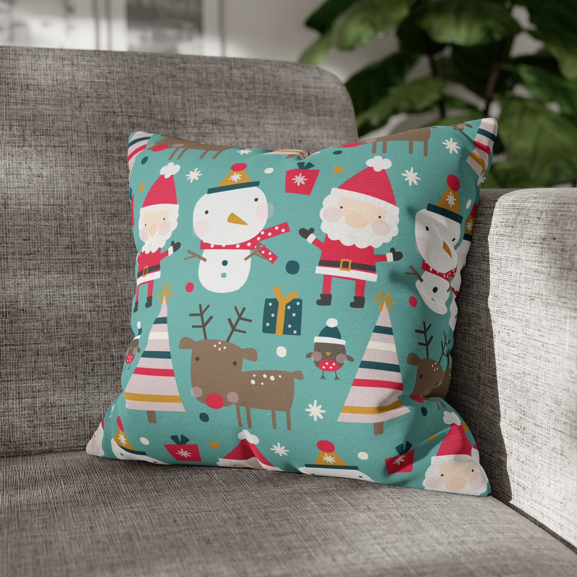 Merry Trio Green Pillowcase with Santa, Snowman & Reindeer Pillow Case Cover 16" × 16"   - HolidayShoppingFinds