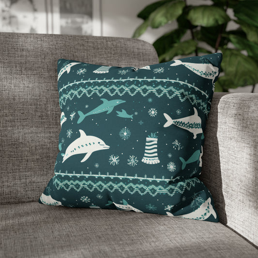 Nautical Pillowcase, Whale Dolphin Ocean Pillow Cover, Coastal Décor, Holiday Gift 18" × 18"   - HolidayShoppingFinds