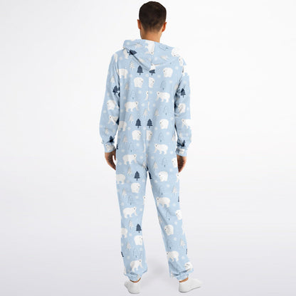 Polar Bears Winter Wonderland Blue Jumpsuit Adult Onesie Gender-Neutral Athletic PJs    - HolidayShoppingFinds