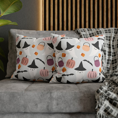 Whimsical Pillowcase, Halloween Ghost Bats Witch Hat Pumpkin Gray Pillow 18" × 18"   - HolidayShoppingFinds