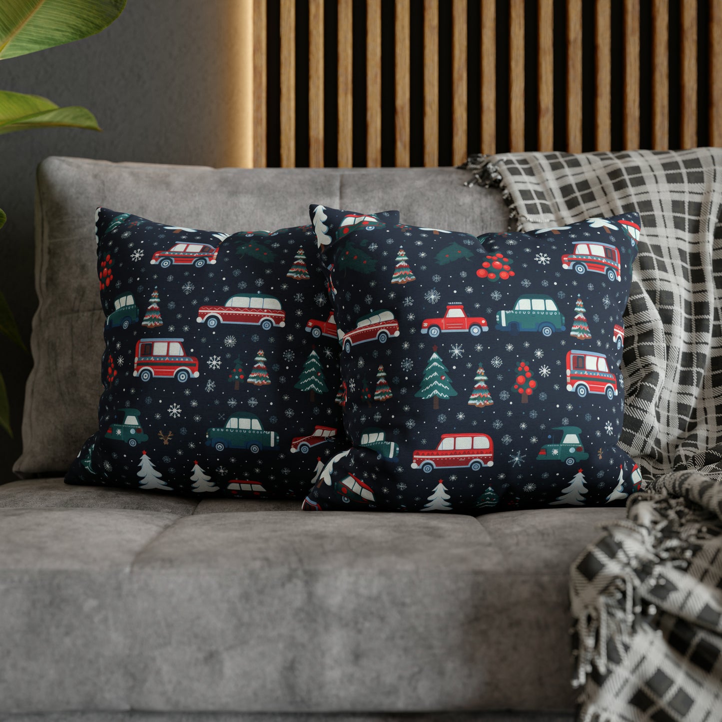 Vanlife Pillow, Camping Holiday Spirit Pillow Case, Cars, Vans & Christmas Trees Décor Blue Pillow Cover, Holiday Gift    - HolidayShoppingFinds