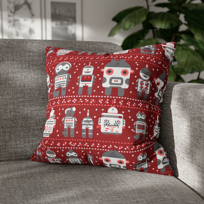 Holiday Robots Red Pillowcase, Gamers Pillow Case Cover, Tech Lovers Cushion Throw, Holiday Gift 20" × 20"   - HolidayShoppingFinds