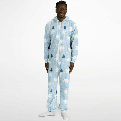 Polar Bears Winter Wonderland Blue Jumpsuit Adult Onesie Gender-Neutral Athletic PJs    - HolidayShoppingFinds