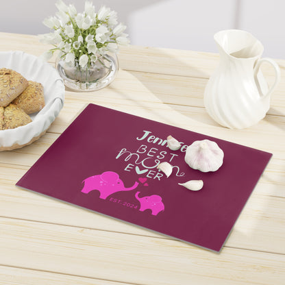 Personalized Best Mom Ever Glass Cutting Board, Gift for Mom, Elephants Cutting Board Pink    - HolidayShoppingFinds