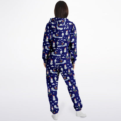 Frosty Friends Blue Winter Jumpsuit Adult Onesie Gender-Neutral Athletic PJs    - HolidayShoppingFinds