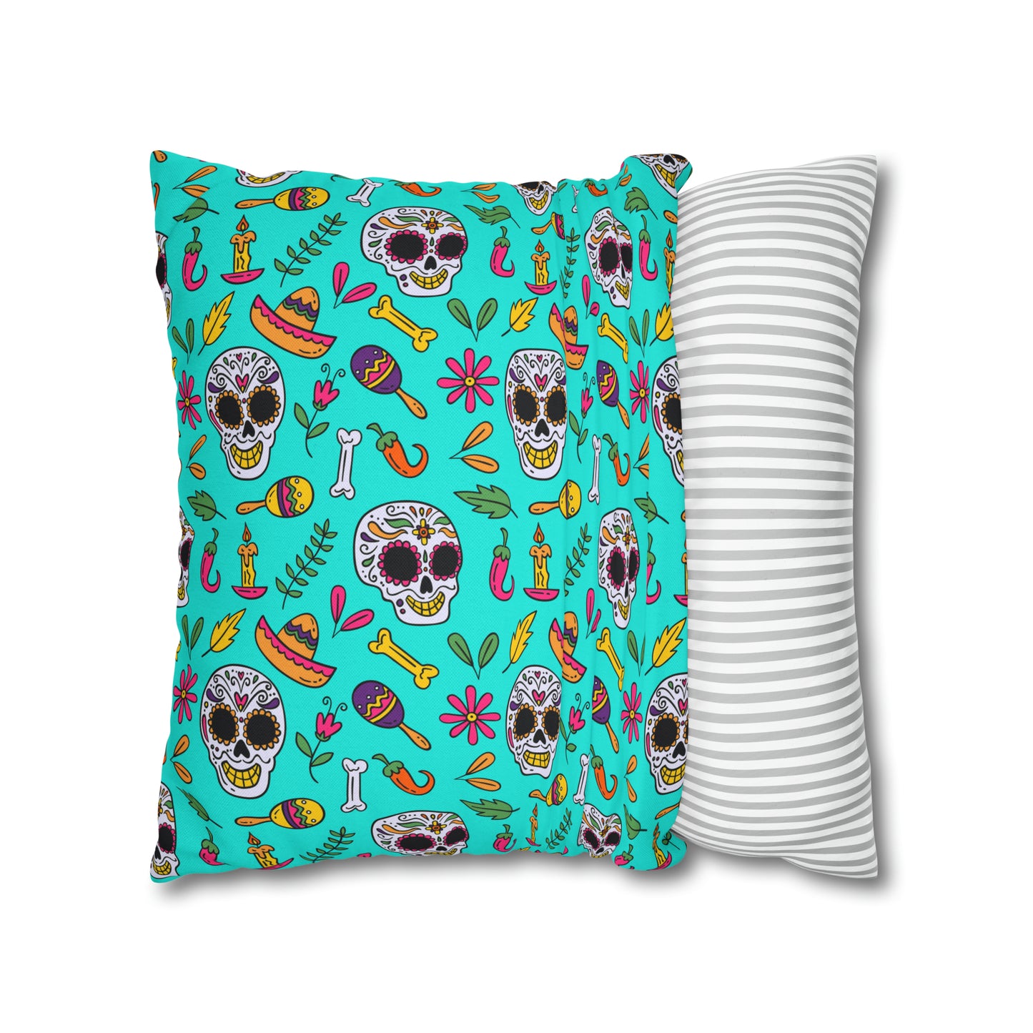 Sugar Skull Pillowcase, Day of the Dead Pillow Cover, Dia de Los Muertos Pillow, Halloween Pillow, Turquoise Decorative Square Pillow    - HolidayShoppingFinds