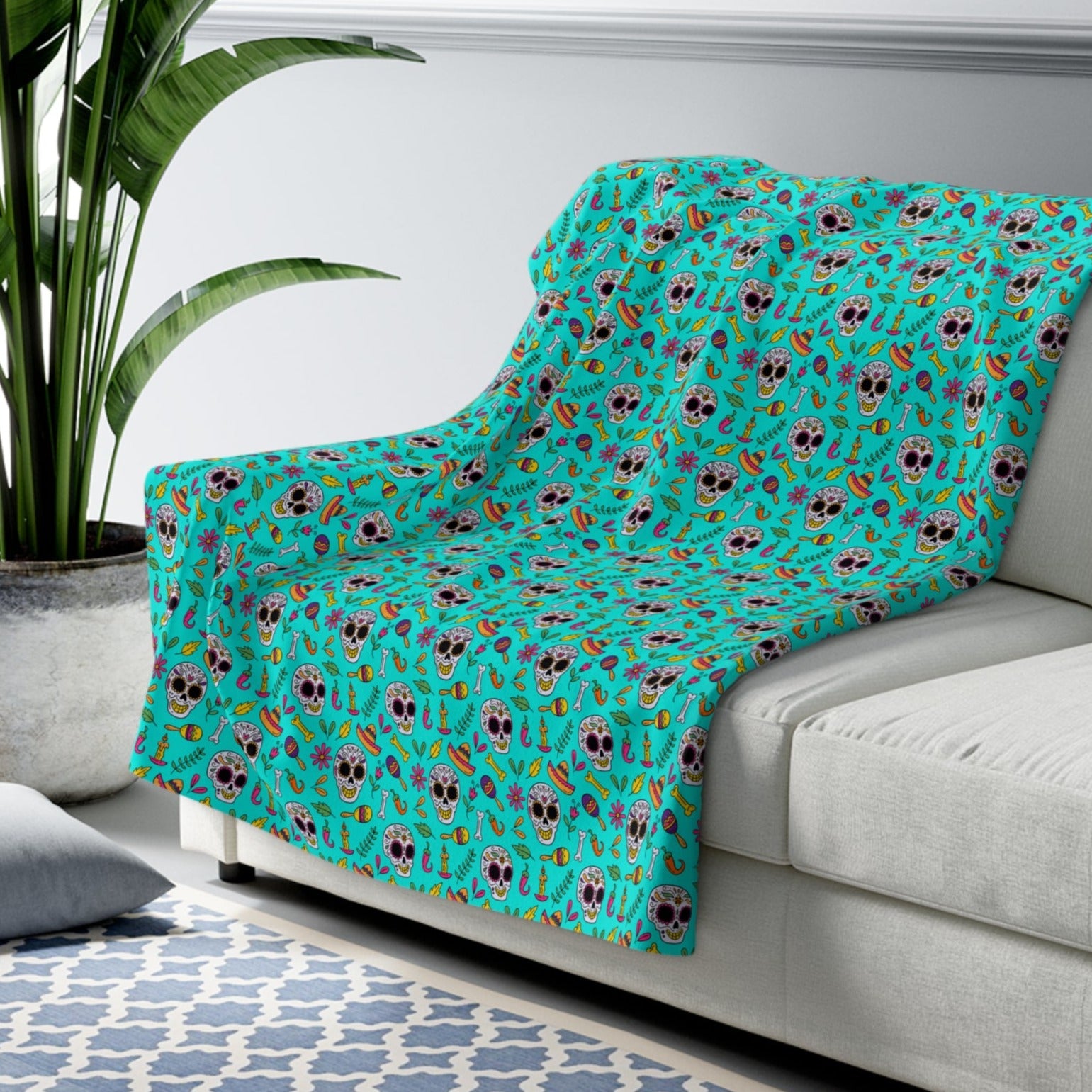 Sugar Skull Sherpa Blanket, Day of the Dead Turquoise Fleece Blanket 50" × 60"   - HolidayShoppingFinds