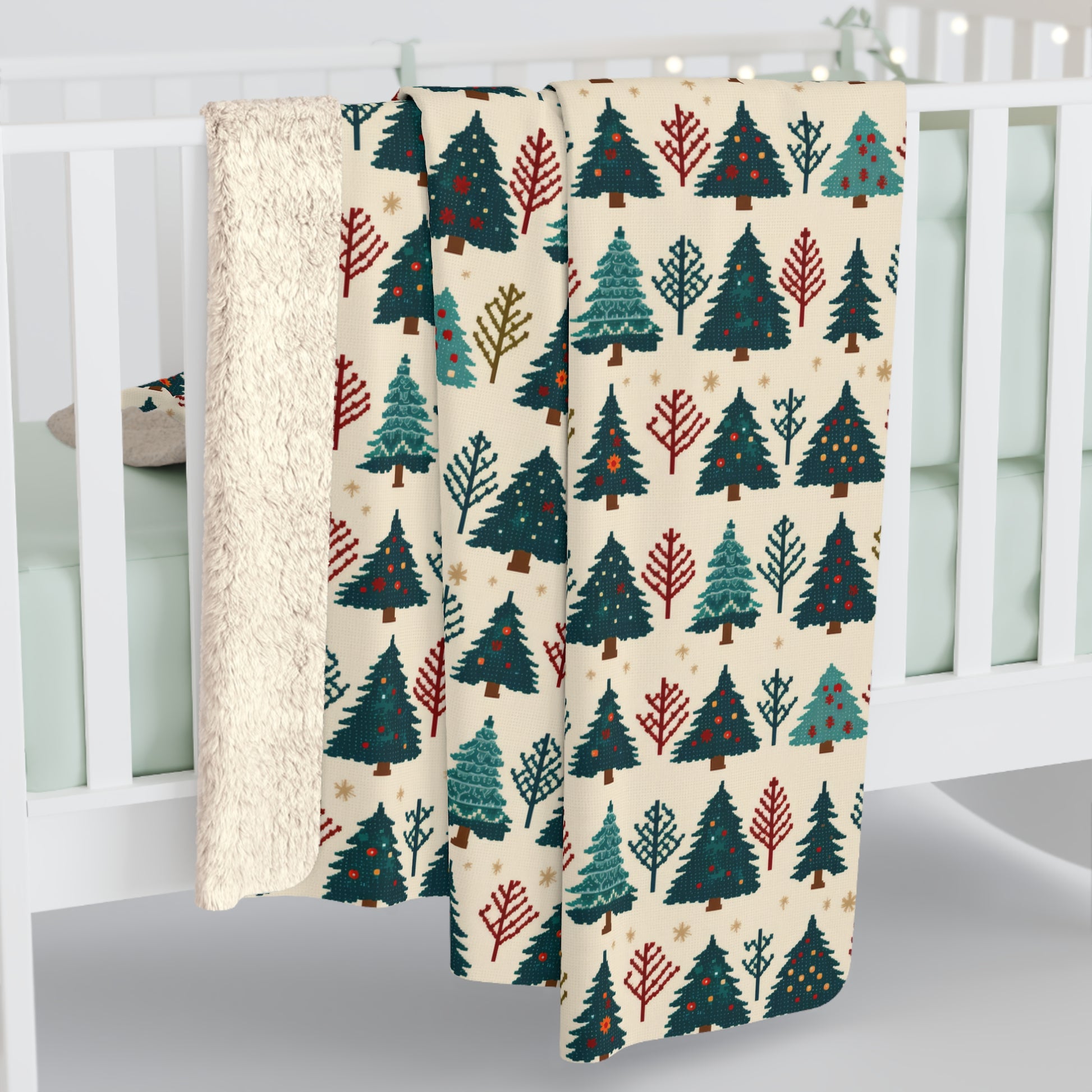 Christmas Trees Sherpa Blanket, Winter Throw Blanket, Christmas Blanket Ivory    - HolidayShoppingFinds