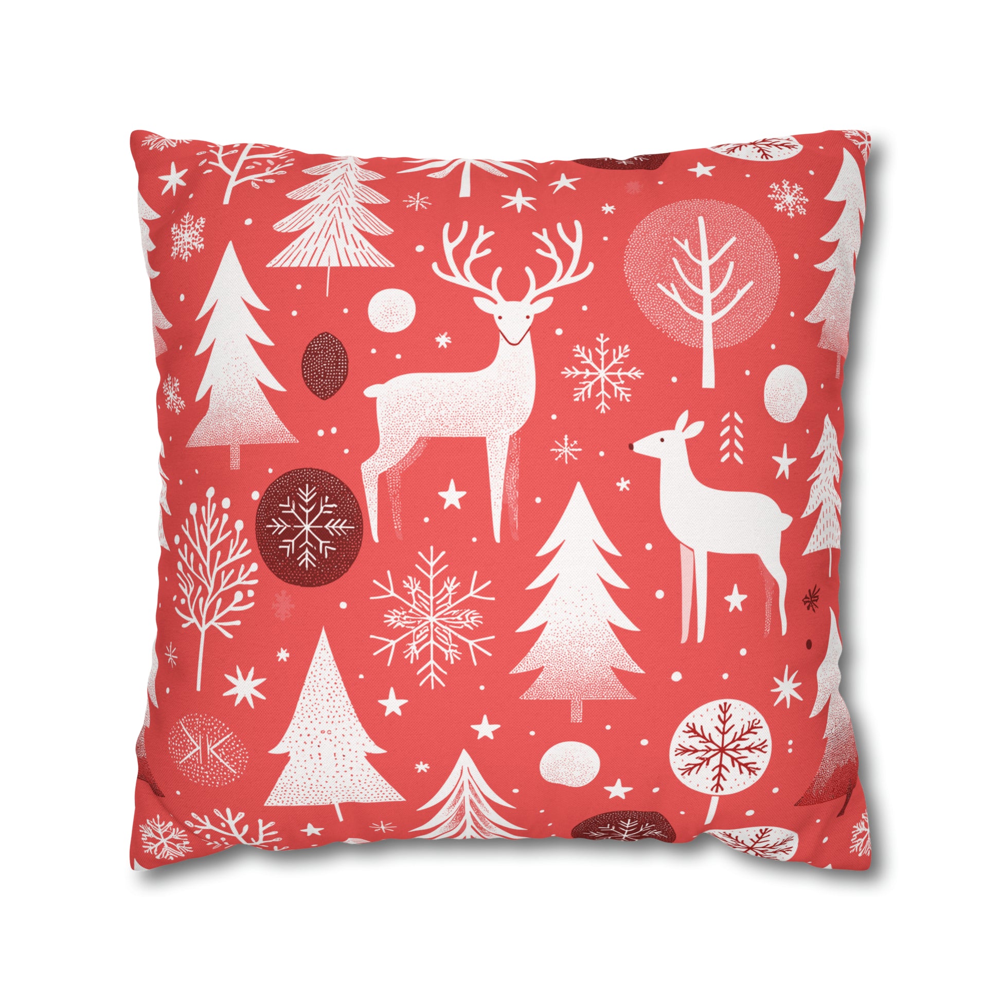 Red Holiday Pillowcase, Winter Pillow Case with Deers, Christmas Trees & Snowflakes, Holiday Gift    - HolidayShoppingFinds