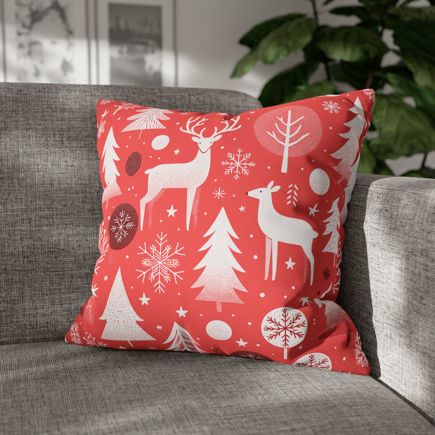 Red Holiday Pillowcase, Winter Pillow Case with Deers, Christmas Trees & Snowflakes, Holiday Gift 20" × 20"   - HolidayShoppingFinds