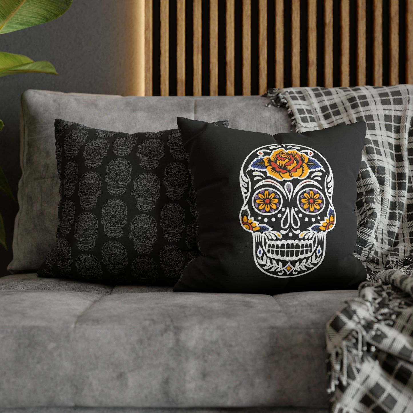 Sugar Skull Pillowcase, Day of the Dead Pillow, Dia De Los Muertos Pillow, Black Gothic Pillow, 2-Sided Square Pillow Cover 16" × 16"   - HolidayShoppingFinds