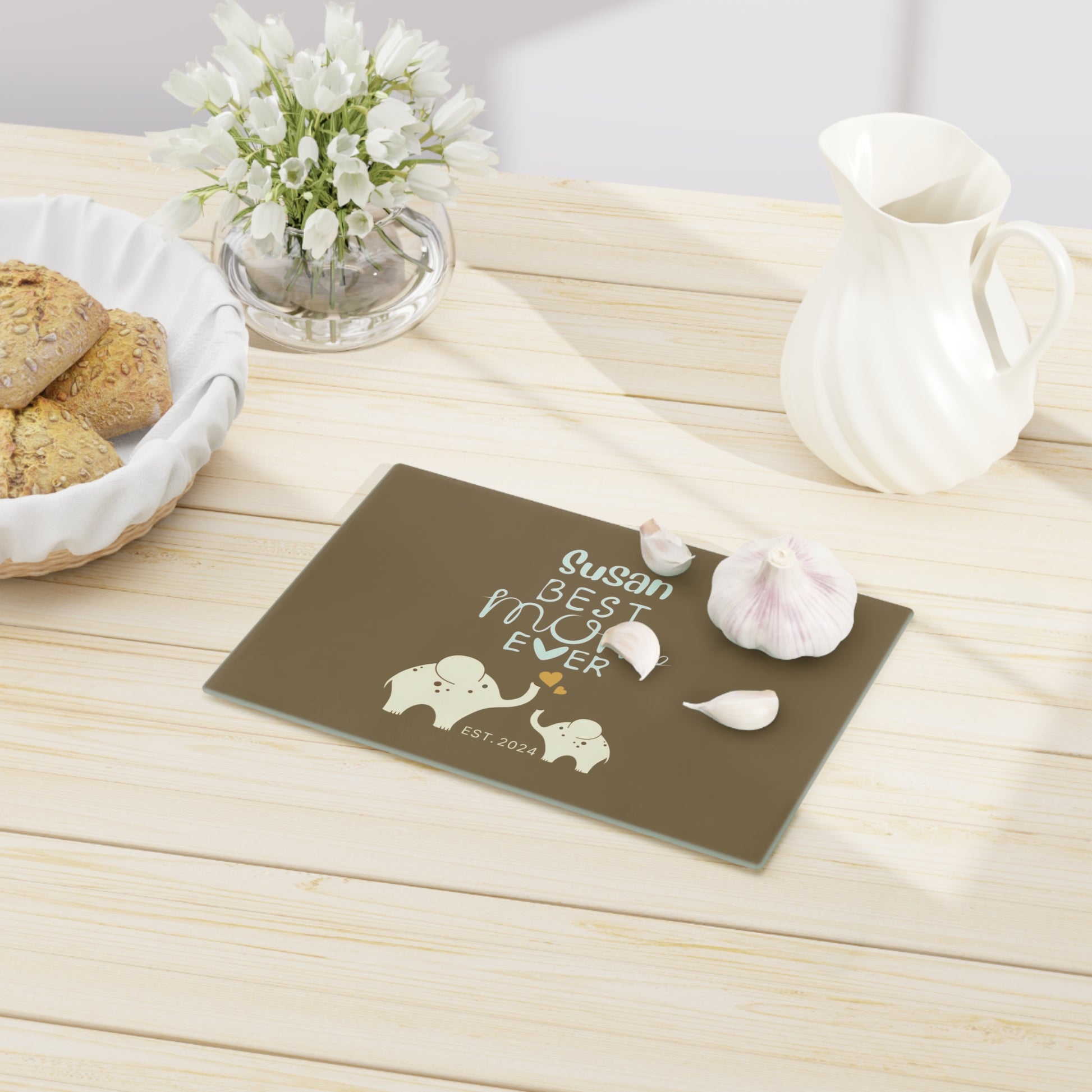 Personalized Best Mom Ever Glass Cutting Board, Gift for Mom, Elephants Cutting Board Khaki    - HolidayShoppingFinds