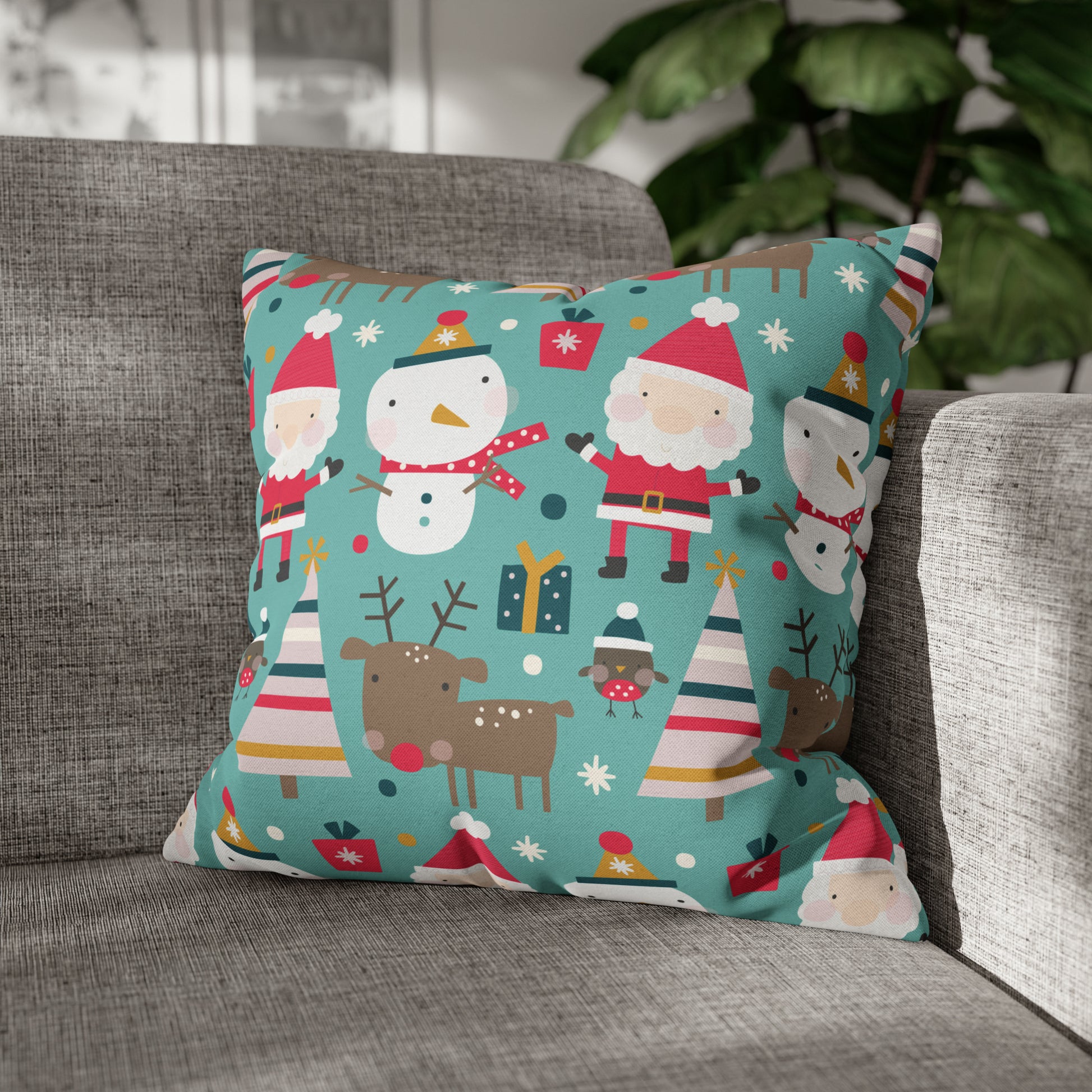 Merry Trio Green Pillowcase with Santa, Snowman & Reindeer Pillow Case Cover 18" × 18"   - HolidayShoppingFinds