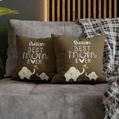 Personalized Best Mom Ever Gift Pillowcase, Gift for Mom, Elephants Khaki Pillow Cover    - HolidayShoppingFinds