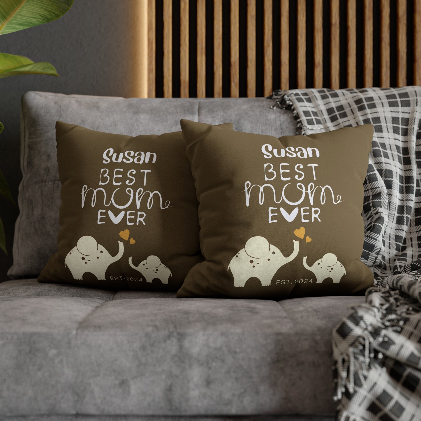 Personalized Best Mom Ever Gift Pillowcase, Gift for Mom, Elephants Khaki Pillow Cover    - HolidayShoppingFinds