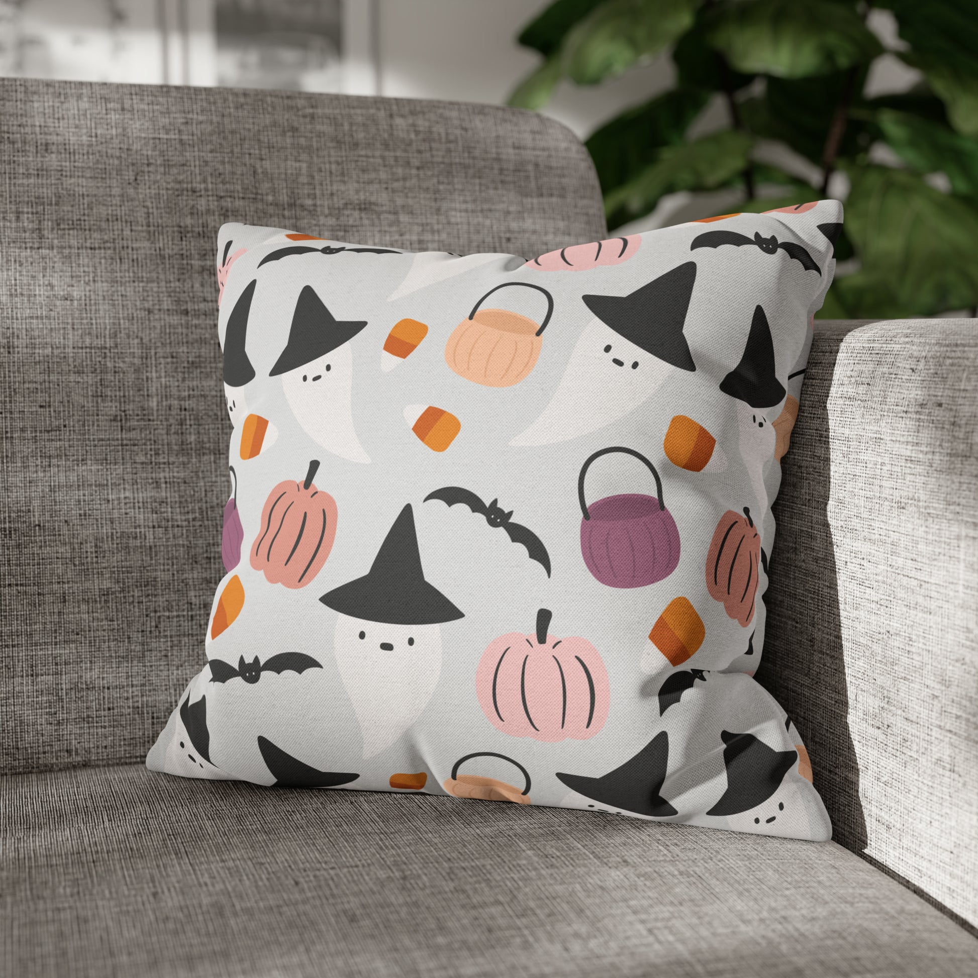 Whimsical Pillowcase, Halloween Ghost Bats Witch Hat Pumpkin Gray Pillow    - HolidayShoppingFinds