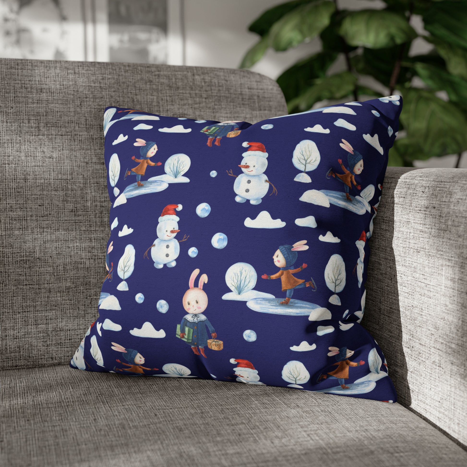 Snowman Pillowcase, Holiday Decor Pillow Cozy Winter Blue Throw Pillow, Holiday Gift 18" × 18"   - HolidayShoppingFinds