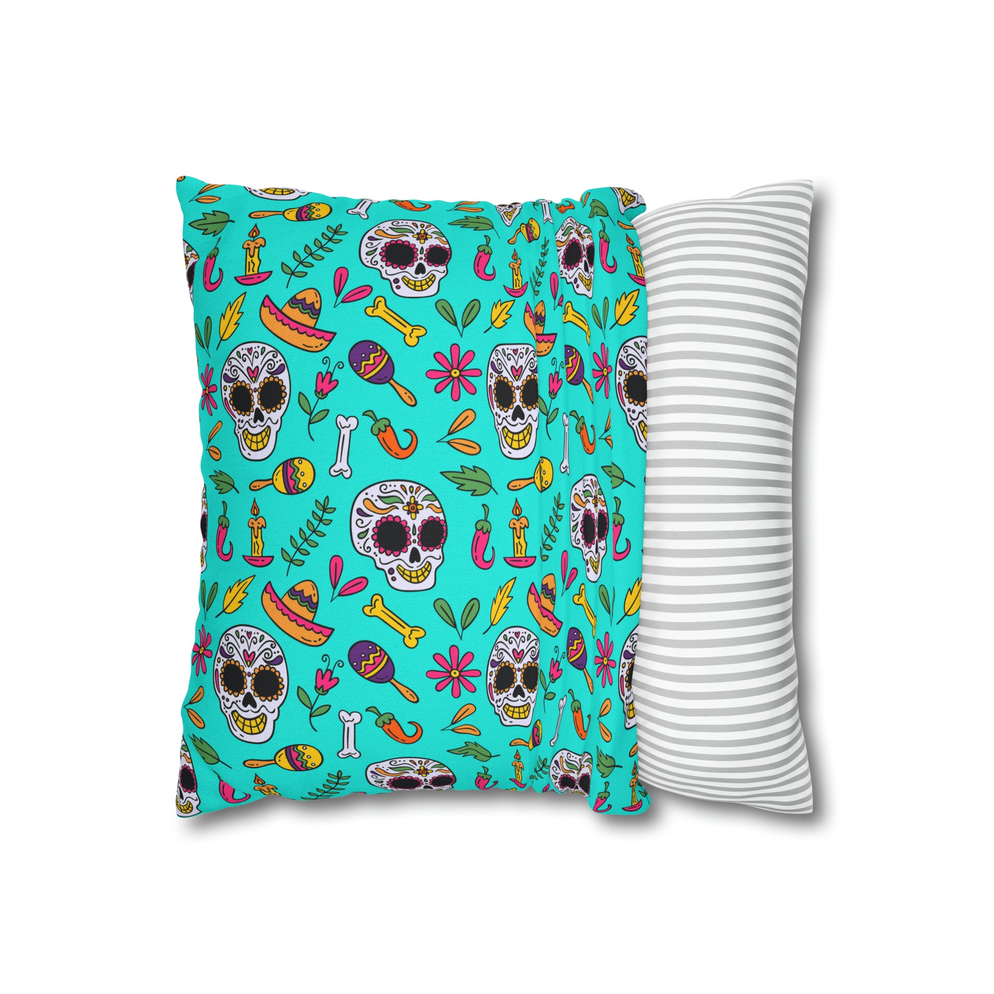 Sugar Skull Pillowcase, Day of the Dead Pillow Cover, Dia de Los Muertos Pillow, Halloween Pillow, Turquoise Decorative Square Pillow    - HolidayShoppingFinds