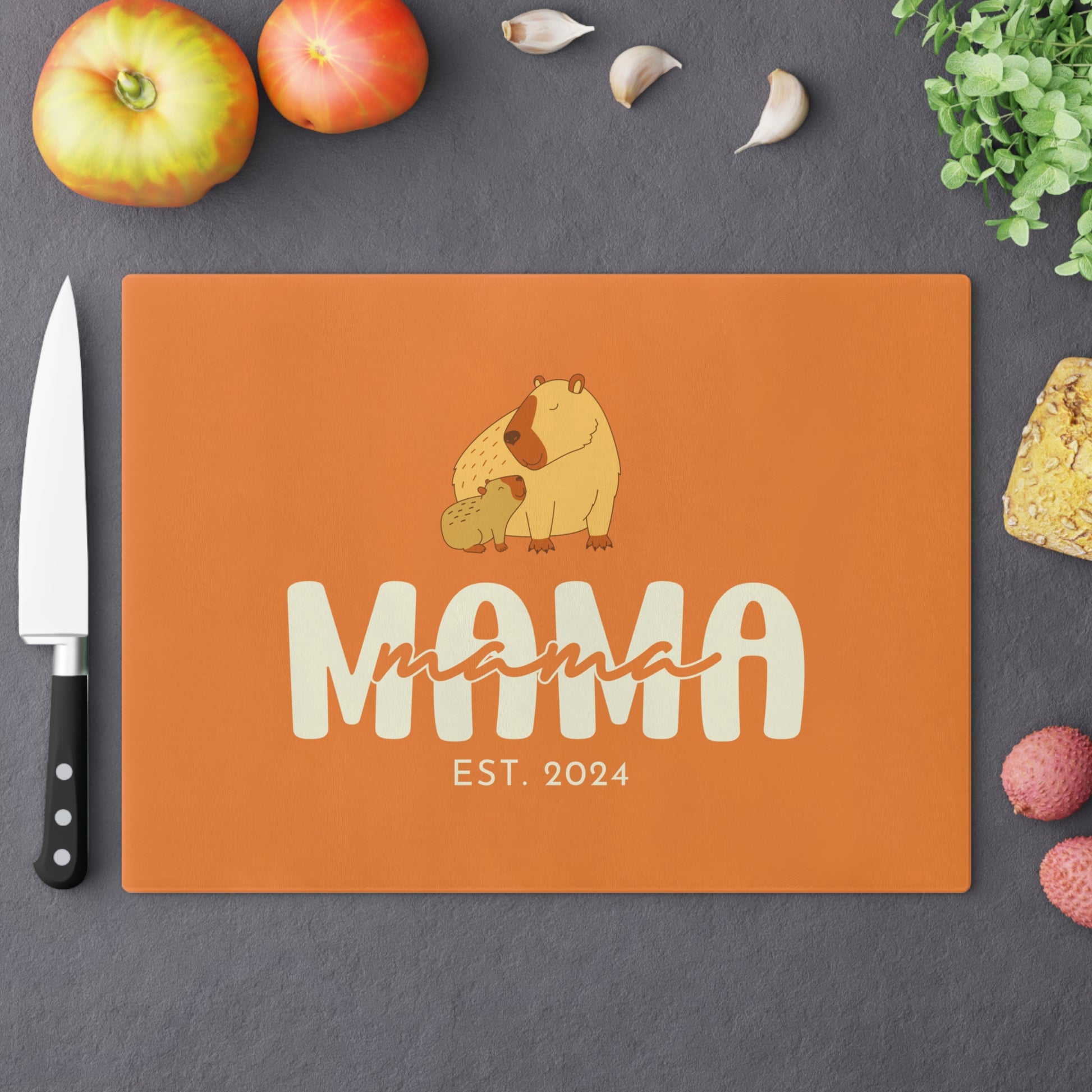 Personalized Mama Capybara Glass Cutting Board Orange, Gift For Moms    - HolidayShoppingFinds