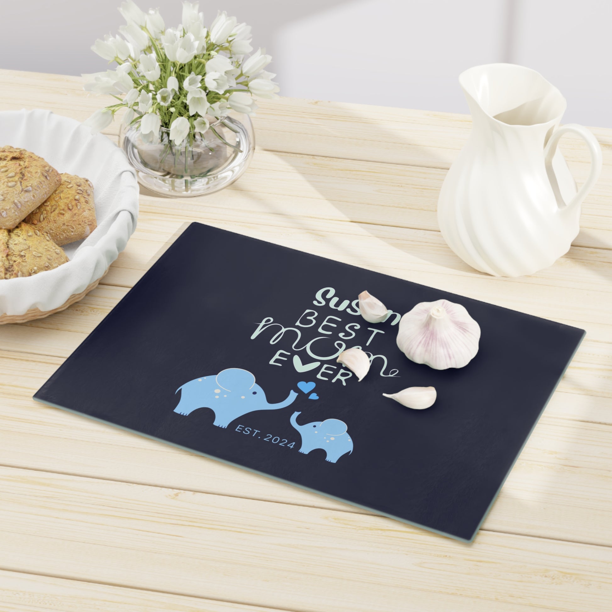 Personalized Best Mom Ever Glass Cutting Board, Gift for Mom, Elephants Cutting Board Blue    - HolidayShoppingFinds