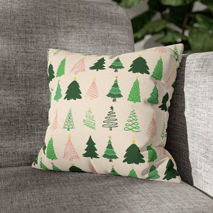 Christmas Trees Square Pillow Case, Creamy Ivory Winter Throw 14" × 14"   - HolidayShoppingFinds