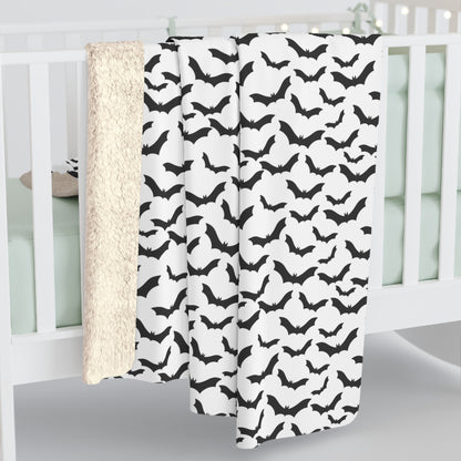 Spooky Bats Sherpa Fleece Blanket, Halloween Throw Blanket B&W Blanket    - HolidayShoppingFinds