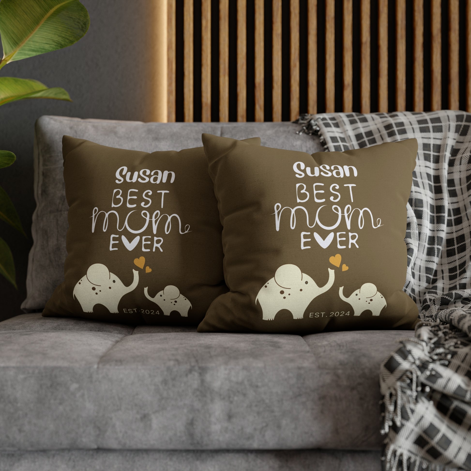 Personalized Best Mom Ever Gift Pillowcase, Gift for Mom, Elephants Khaki Pillow Cover    - HolidayShoppingFinds