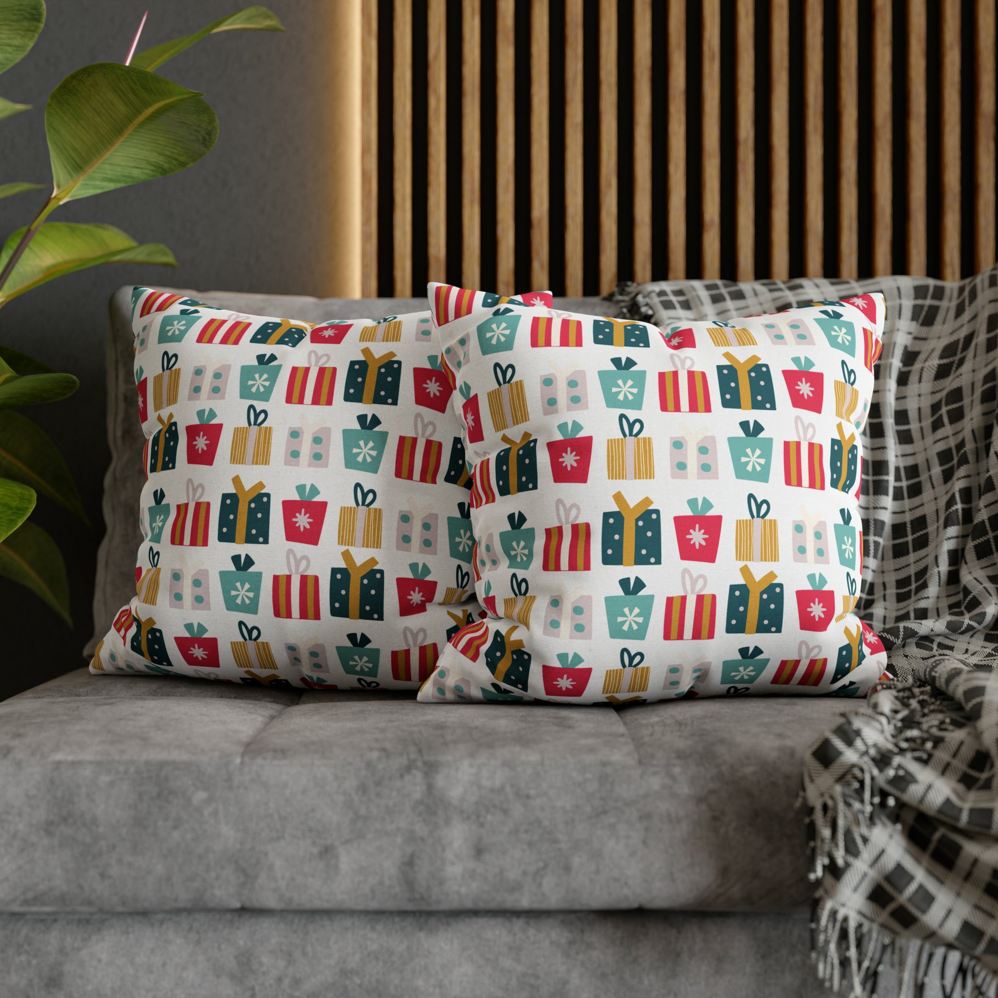 Gift Galore: Colorful Presents on White Square Pillow Case Throw    - HolidayShoppingFinds