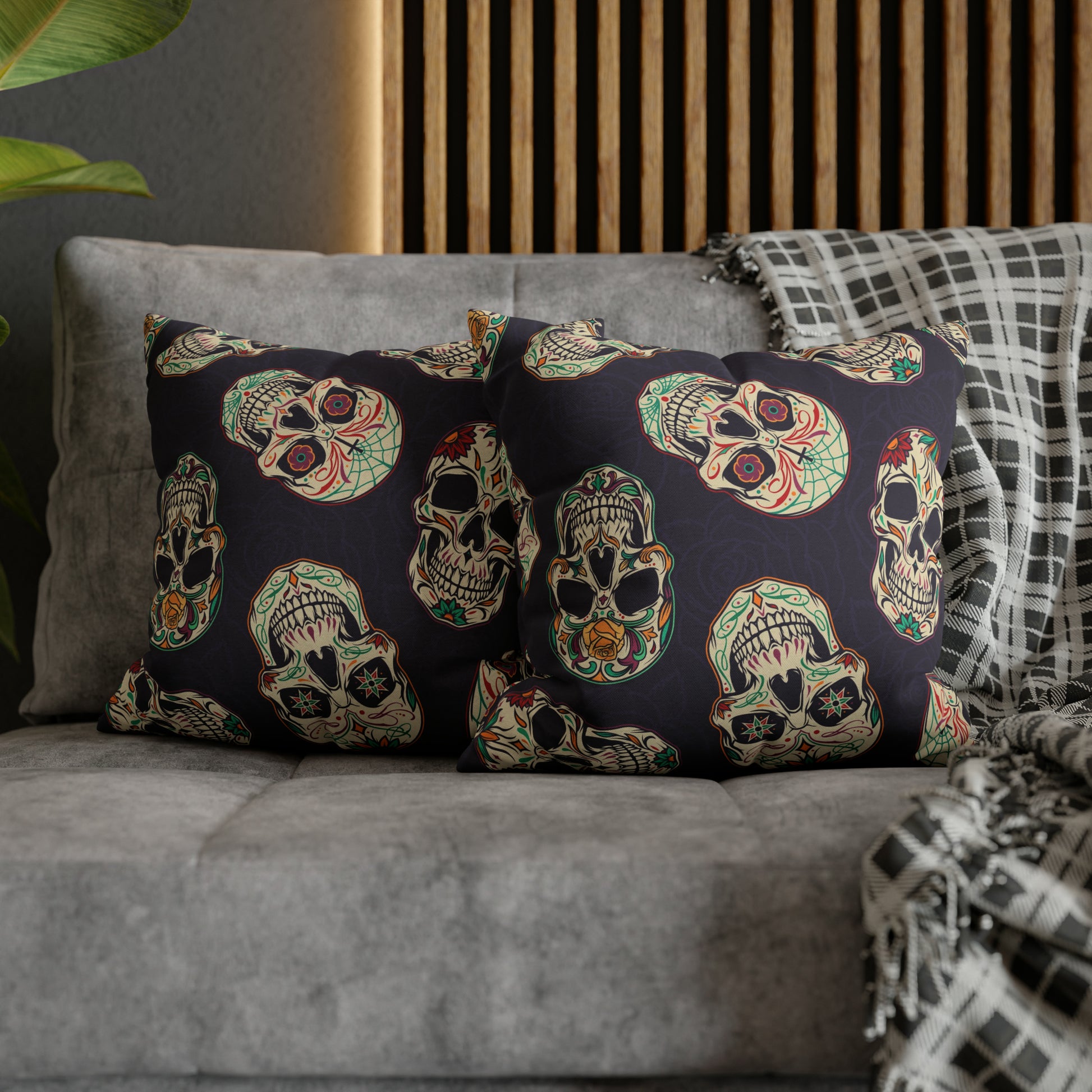 Sugar Skull Pillowcase, Day of the Dead Dia De Los Muertos Purple Pillow, Square 2-Sided Accent Pillow Cover    - HolidayShoppingFinds