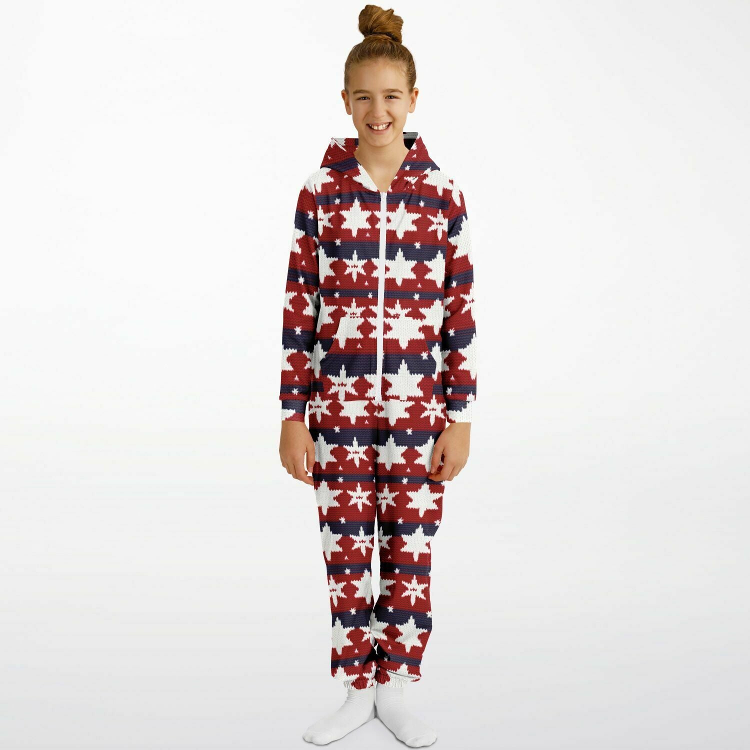 Americana Knitted Pattern Teens Onesie, Kids Patriotic Athletic Jumpsuit Red White & Blue    - HolidayShoppingFinds