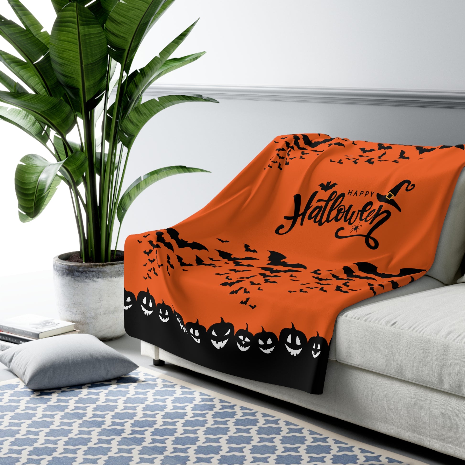 Happy Halloween Sherpa Fleece Blanket, Bats & Pumpkins Orange Throw 60" × 80"   - HolidayShoppingFinds