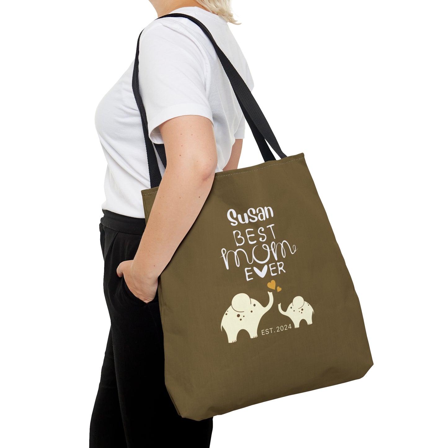 Personalized Best Mom Ever Tote Bag Gift for Mom, Baby Elephants Khaki Tote    - HolidayShoppingFinds