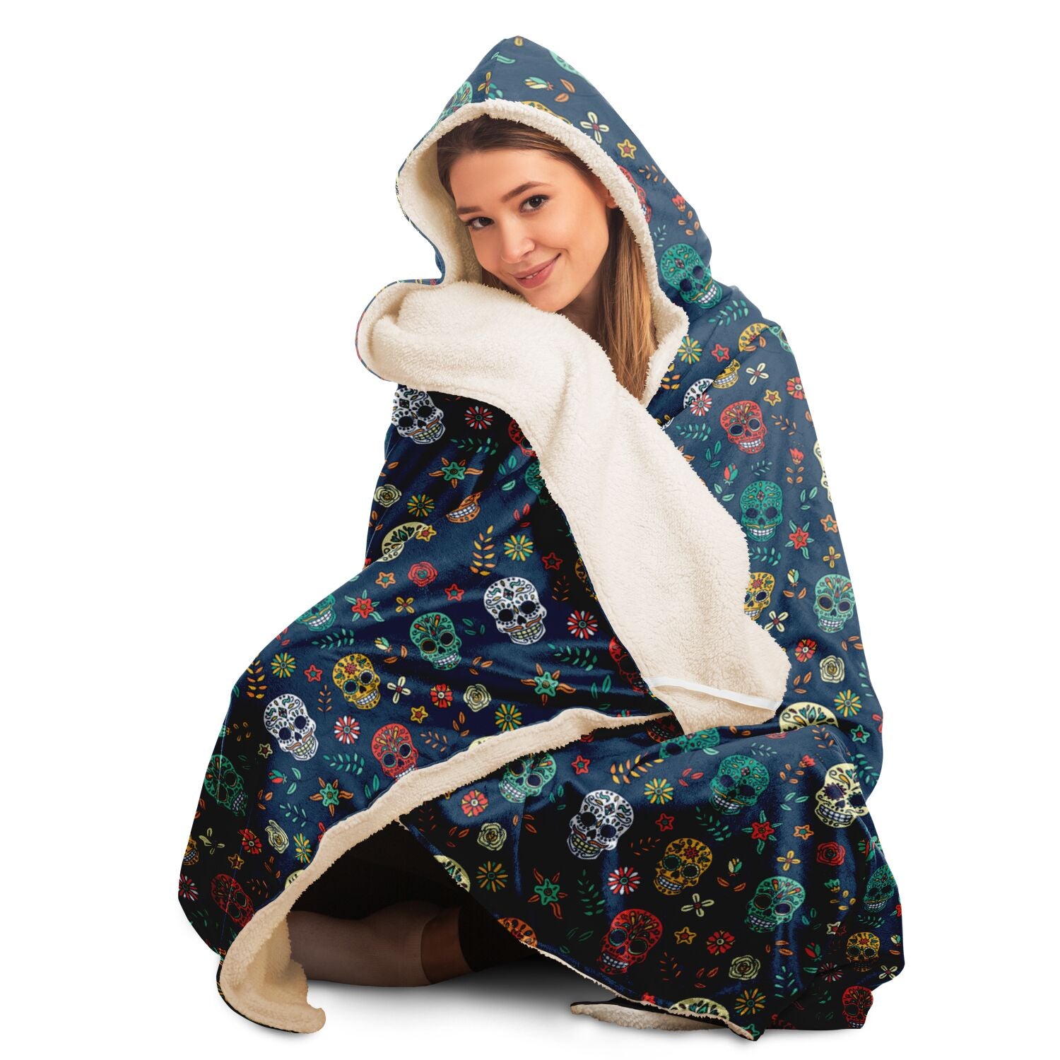 Blue Sugar Skull Day of the Dead Hooded Blanket, Dia de los Muertos    - HolidayShoppingFinds