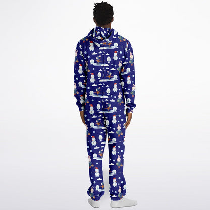 Frosty Friends Blue Winter Jumpsuit Adult Onesie Gender-Neutral Athletic PJs    - HolidayShoppingFinds