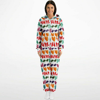 Vintage Colorful Mitten Pattern Adult Jumpsuit White Athletic Onesie Unisex PJ    - HolidayShoppingFinds