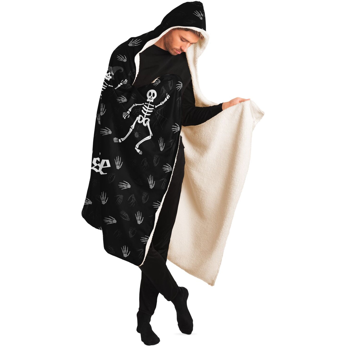 Halloween Happy Haunted House Spooky Skeletons over Bones Pattern Hooded Blanket    - HolidayShoppingFinds