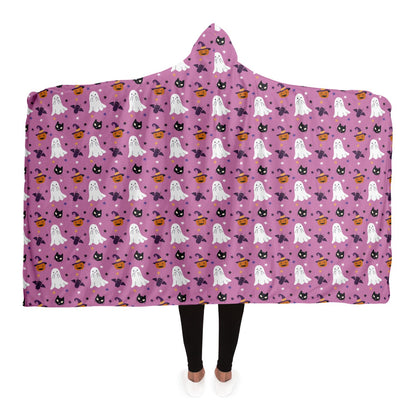 Cute Pink Halloween Hooded Blanket, Spooky Ghosts, Black Cats, Pumpkins & Bats    - HolidayShoppingFinds