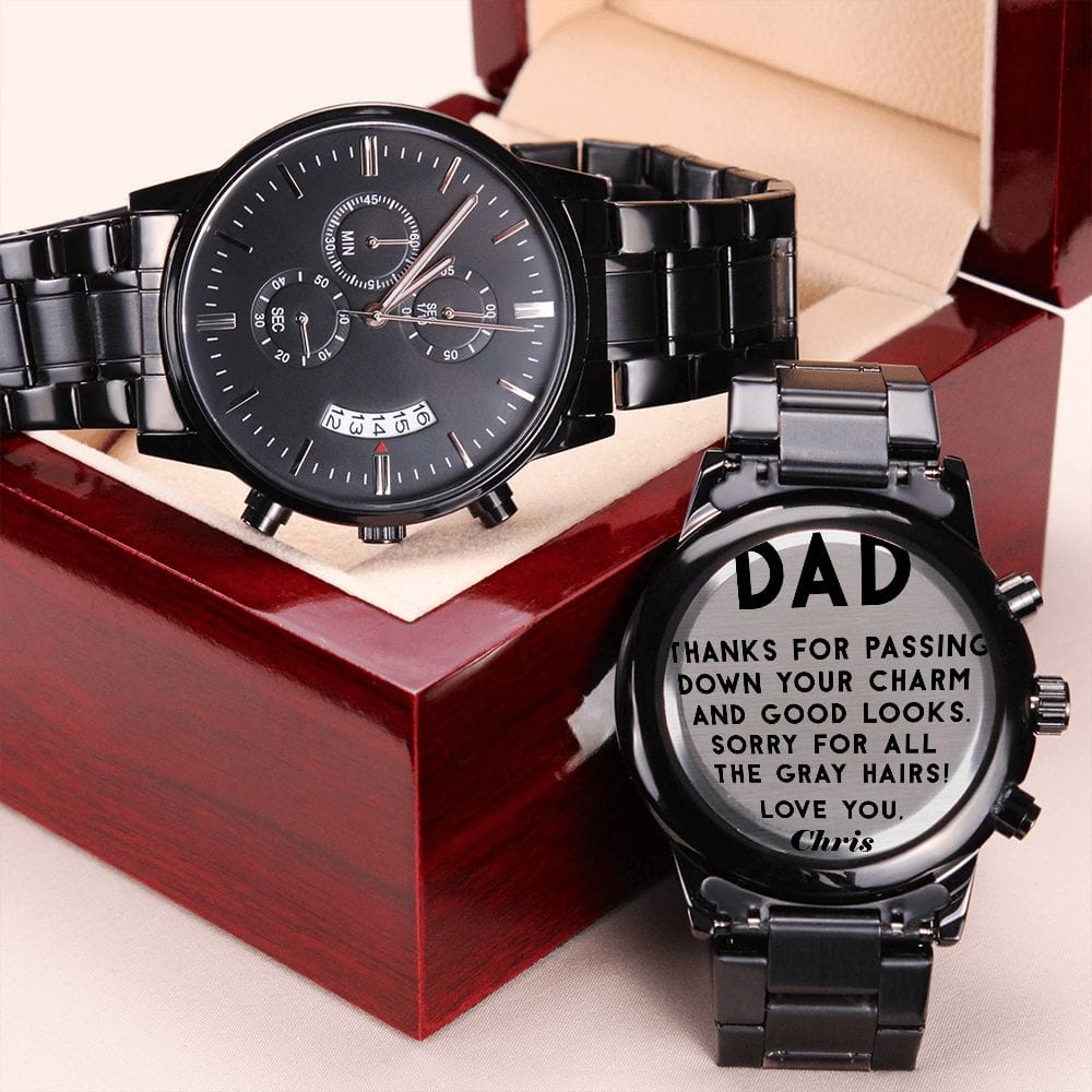 Fathers Day Gift Mens Black Chronograph Three Dial Face Engraved