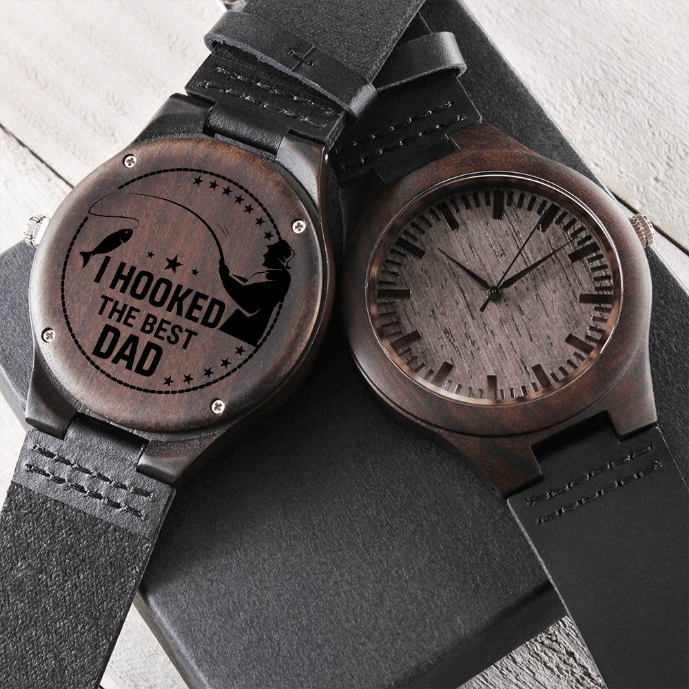 I Hooked The Best Dad Engraved Wooden Watch Gift for Fisherman Dad Two-Toned Gift Box   - HolidayShoppingFinds