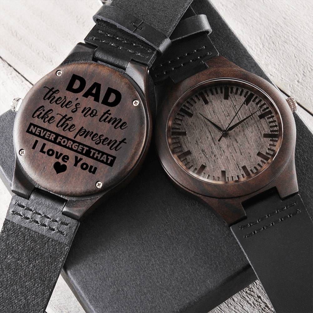 Gift for Dad "No Time Like The Present Never Forget I Love You" Wooden Watch Two-Toned Gift Box   - HolidayShoppingFinds