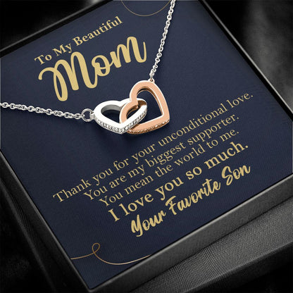 To My Beautiful Mom Interlocking Heart Necklace Gift From Favorite Son Rose Gold Finish Two-Toned Gift Box  - HolidayShoppingFinds