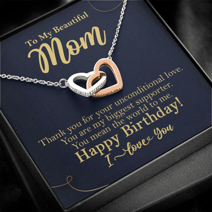 To My Beautiful Mom Birthday Gift Interlocking Heart Rose Gold Necklace Rose Gold Finish Two-Toned Box  - HolidayShoppingFinds