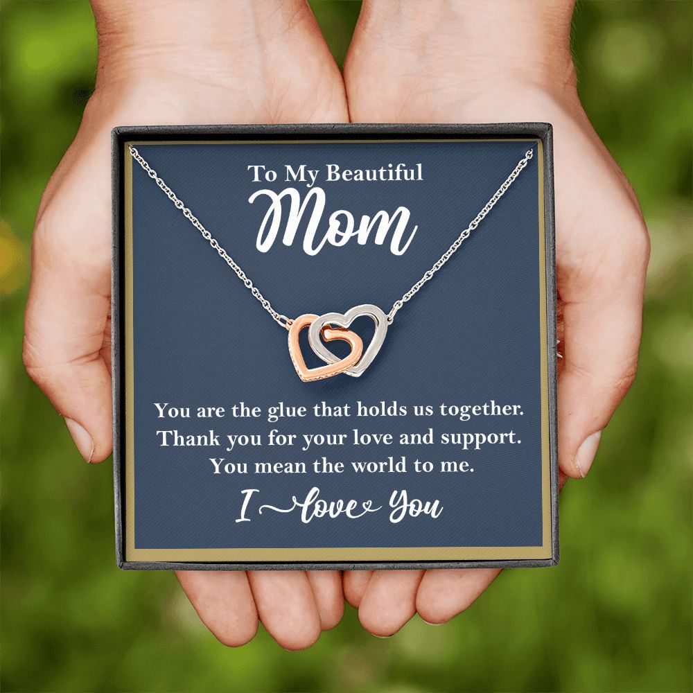 To My Beautiful Mom Interlocking Heart Rose Gold Necklace Gift for Mom    - HolidayShoppingFinds