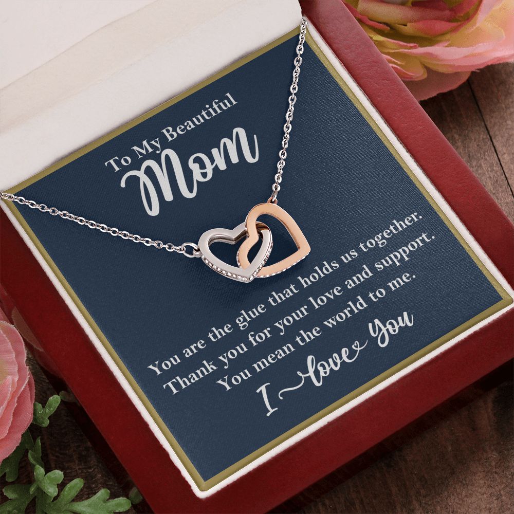 To My Beautiful Mom Interlocking Heart Rose Gold Necklace Gift for Mom    - HolidayShoppingFinds