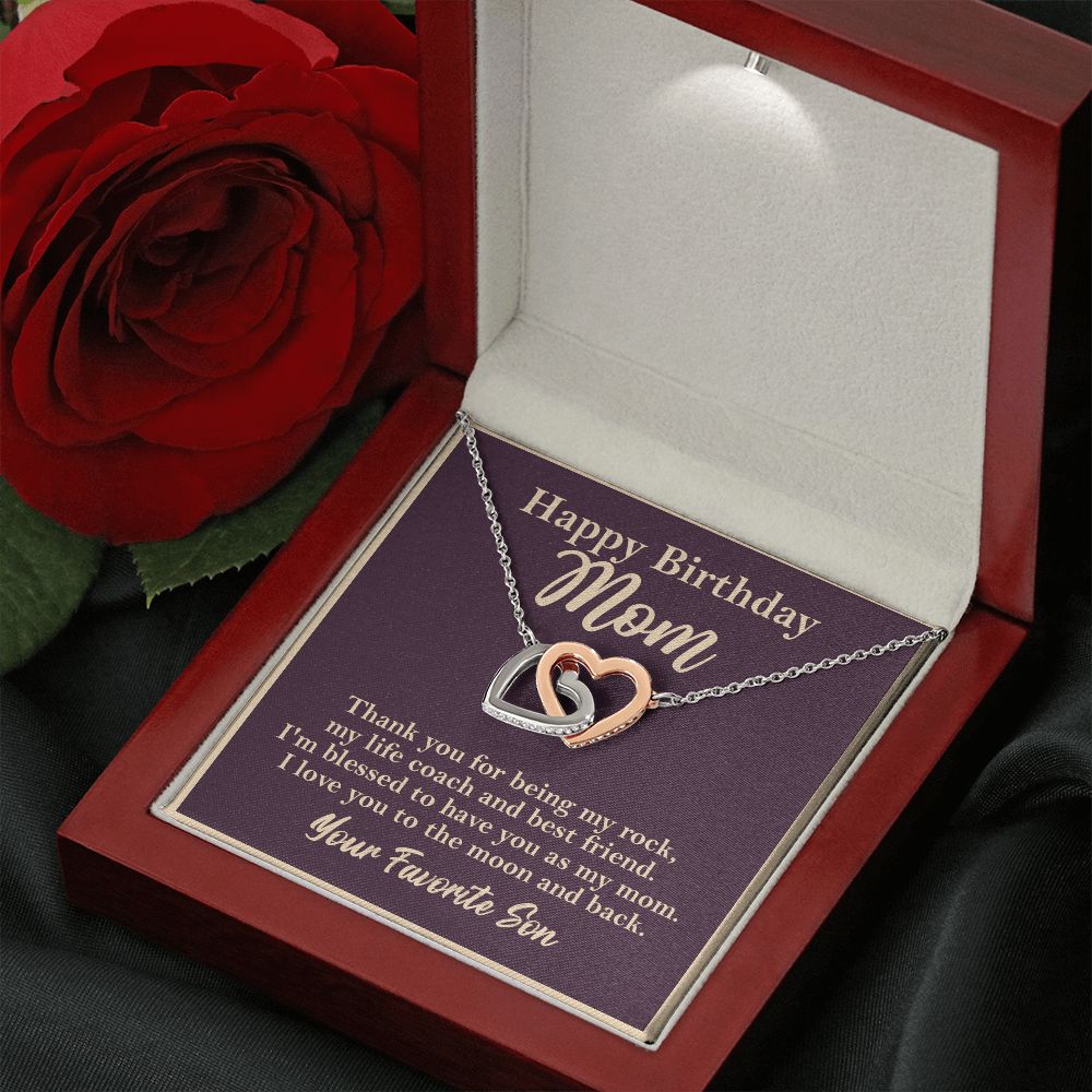 Happy Birthday Mom From Son Interlocking Heart Rose Gold Necklace Gift Rose Gold Finish Luxury Box w/LED  - HolidayShoppingFinds