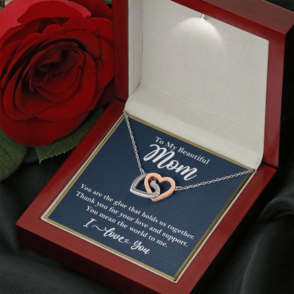 To My Beautiful Mom Interlocking Heart Rose Gold Necklace Gift for Mom Rose Gold Finish Luxury Box w/LED  - HolidayShoppingFinds